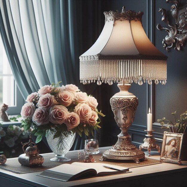 une table avec une lampe et un vase de fleurs dessus