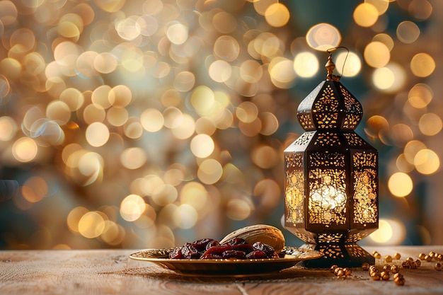 Une table avec une lanterne ornée et des fruits secs
