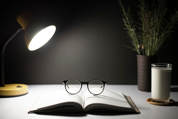 Table de lecture la nuit avec des lampes de lunettes de livres Se concentrer sur les lunettes Concept d'éducation