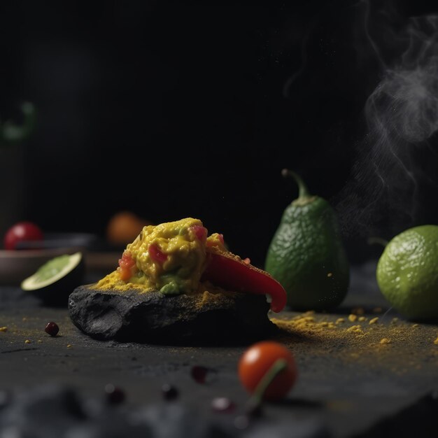 une table avec des légumes et un pot de poivre dessus