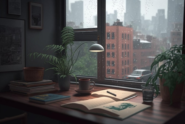 Une table avec un livre et une plante dessus devant une fenêtre avec vue sur la ville à l'extérieur de la fenêtre pluvieuse ai générative
