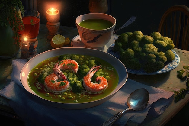 Table lumineuse avec un bol de soupe aux crevettes et au brocoli