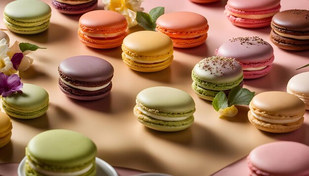 une table avec des macarons colorés et une assiette de nourriture