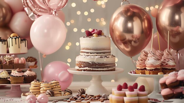 Photo une table magnifiquement décorée avec un gâteau, des cupcakes et d'autres desserts