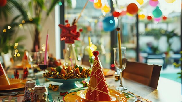 Une table magnifiquement décorée pour une fête Il y a des ballons colorés des bandes et un gâteau sur la table