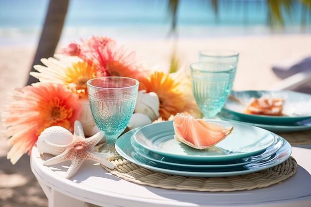 Photo table à manger au bord de la plage avec décor de coquillages fleurs tropicales plats colorés sur le thème de la plage