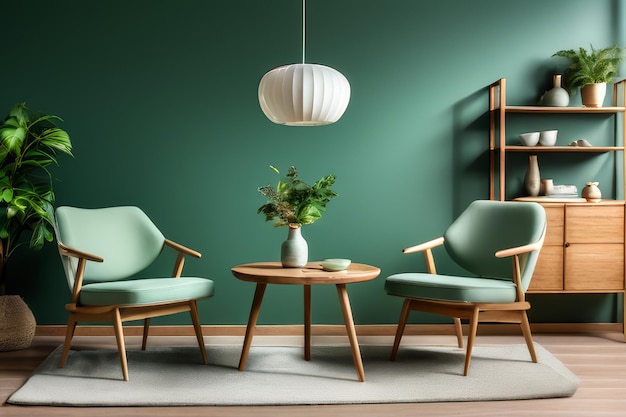 Table à manger en bois et chaises contre un mur vert foncé Design d'intérieur moderne scandinave