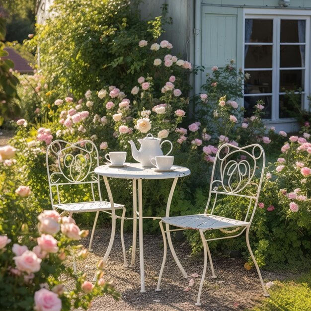 une table à manger dans un jardin luxuriant