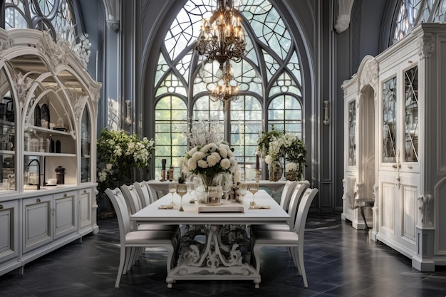 Table à manger de designer dans un intérieur luxueux avec des plafonds hauts et une armoire