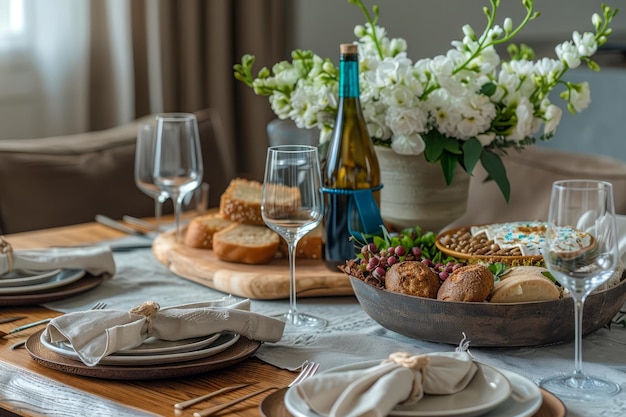 Une table à manger élégante avec des fleurs de vin et de la nourriture gourmande pour un divertissement domestique sophistiqué