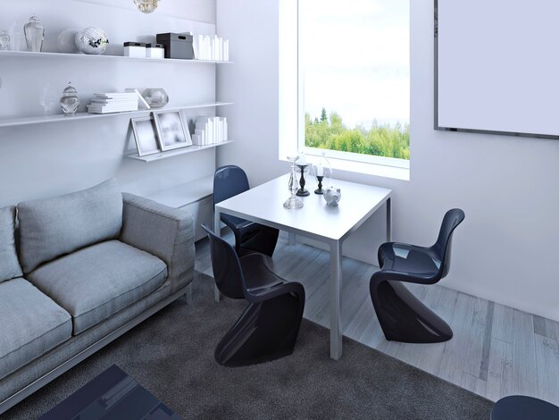 Table à manger gothique avec des chaises bleu foncé dans le salon. Murs blancs, sol stratifié clair. Rendu 3D