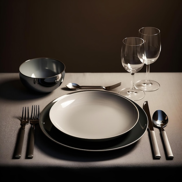 Table à manger moderne avec assiettes Generative AI