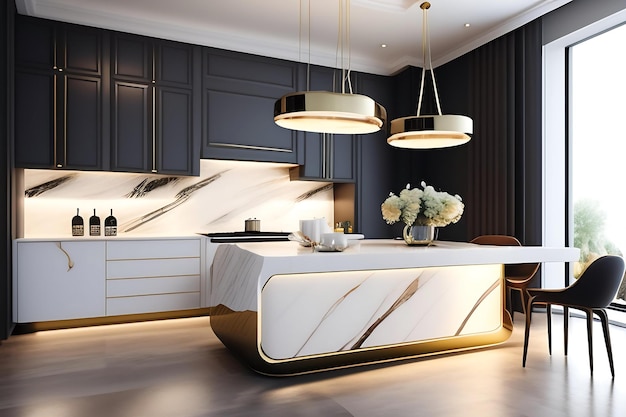 Photo table à manger moderne avec dessus en marbre blanc, suspension d'îlot dans un comptoir de cuisine beige de luxe caché l