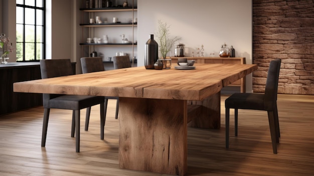 Table à manger réaliste en bois naturel avec chaises en bois foncé
