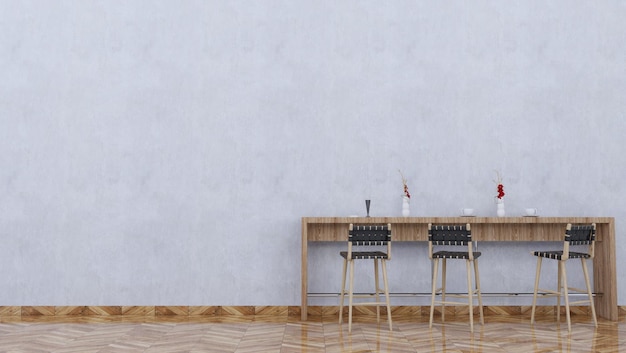 Table à manger de rendu 3d avec plancher en bois et mur de ciment