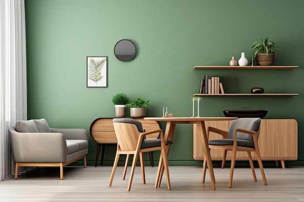 Table à manger ronde en bois et chaises avec canapé et armoire contre les murs verts