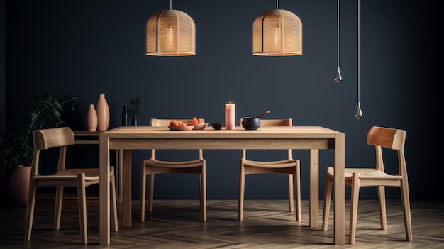 Table à manger ronde en bois et chaises dans des tons gris avec un décor intérieur moderne et élégant maquette Al généré