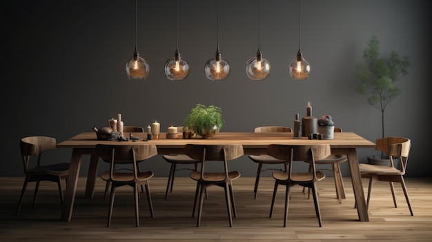 Table à manger ronde en bois et chaises dans des tons gris avec un décor intérieur moderne et élégant maquette Al généré