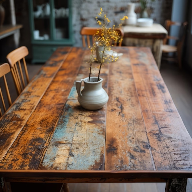 Photo table à manger rustique vintage avec du vieux bois et des tons de terre