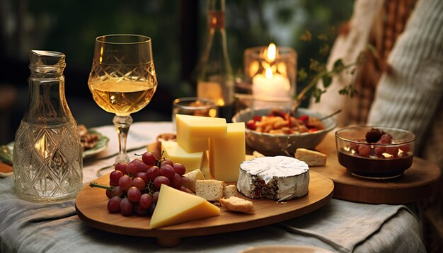 Table à manger vide décorée avec assiette de fromages, miel et verre de boisson