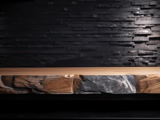 Une table en marbre avec un banc en bois devant un mur noir.