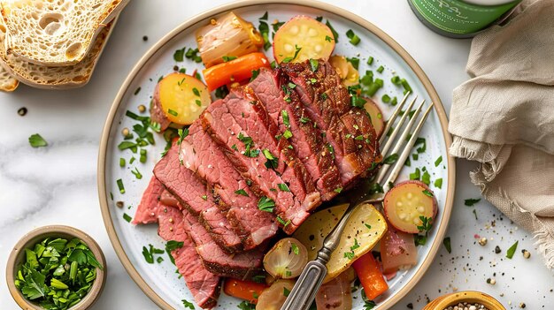 Photo sur une table en marbre blanc, une assiette comprenant du corned beef et des légumes nouvellement transformés est vue d'en haut, ornée d'une belle et spatiale ia générative.