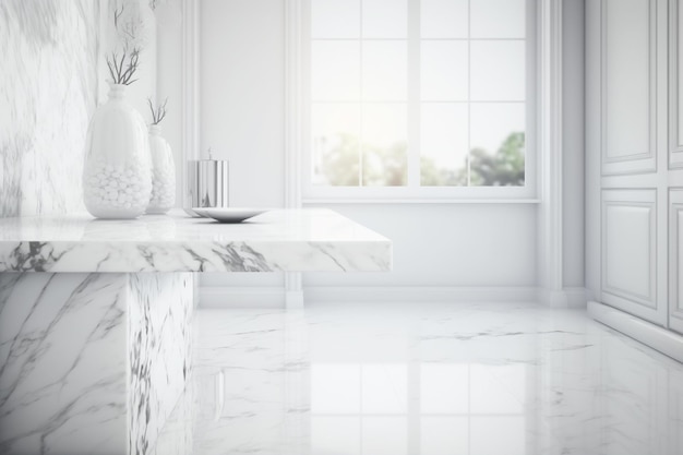 Une table en marbre blanc avec un vase dessus