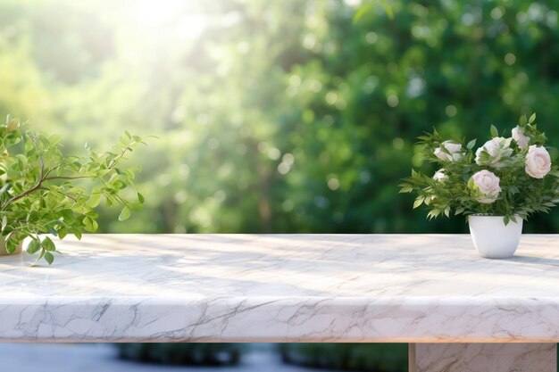 Une table de marbre blanc vide sur un fond de parc vert flou