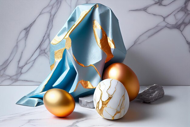 Une table en marbre avec un fond en marbre bleu et blanc et des oeufs d'or