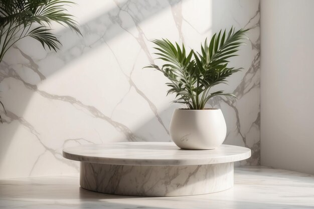 Table en marbre de luxe avec ombre de plante sur mur blanc et podium en pierre pour l'affichage du placement du produit