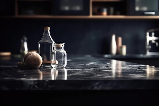 Table en marbre noir vide et cuisine blanche floue cuisine murale noire pour maquette d'affichage de produit