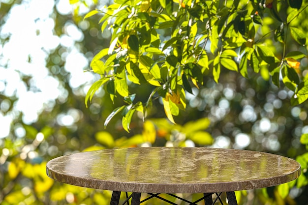 Table en marbre vide dans la cour avec des arbres verts