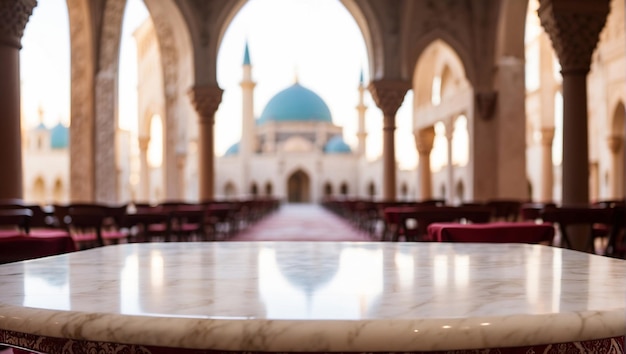 Photo table en marbre vide avec un fond flou de mosquée