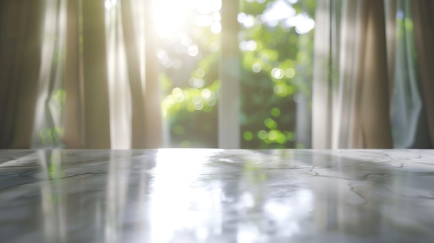 Table en marbre vide avec fond de rideau de fenêtre flou AI génératif
