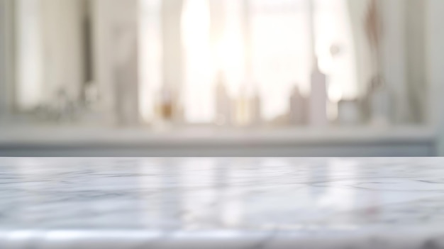 Table en marbre vide avec un intérieur de salle de bain flou Arrière-plan IA générative