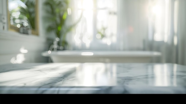 Table en marbre vide avec un intérieur de salle de bain flou Arrière-plan pour l'affichage du produit IA générative