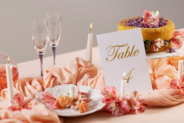 Table de mariage à angle élevé avec un délicieux gâteau