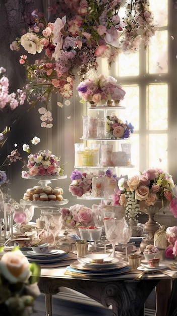 Table de mariage avec des bonbons et des fleurs générés par l'IA