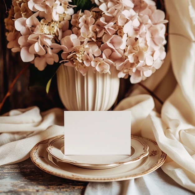 Table de mariage avec une carte sur des assiettes de porcelaine avec des fleurs roses et une vue de haut