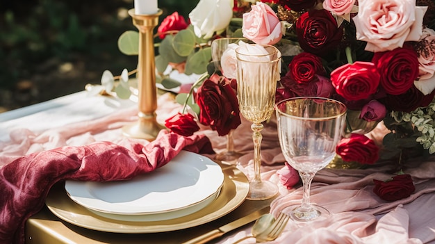 Table de mariage et de célébration d'événements paysage avec des fleurs décoration formelle de table de dîner avec des roses et du vin décoration de table florale élégante pour dîner et décoration de vacances style à la maison