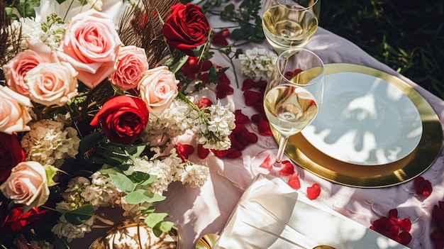 Table de mariage et de célébration d'événements paysage avec des fleurs décoration formelle de table de dîner avec des roses et du vin décoration de table florale élégante pour dîner et décoration de vacances style à la maison
