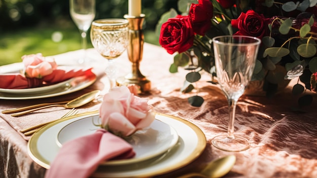 Table de mariage et de célébration d'événements paysage avec des fleurs décoration formelle de table de dîner avec des roses et du vin décoration de table florale élégante pour dîner et décoration de vacances style à la maison