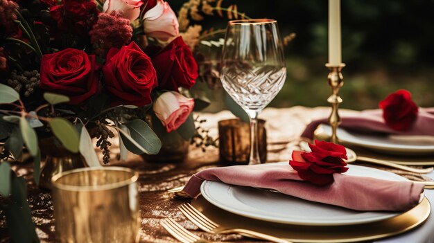 Table de mariage et de célébration d'événements paysage avec des fleurs décoration formelle de table de dîner avec des roses et du vin décoration de table florale élégante pour dîner, fête et décoration de vacances idée de style à la maison