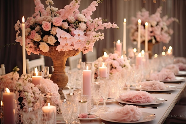 Table de mariage décorée avec des fleurs et des bougies en gros plan Table de banquet de mariage Décorée avec les fleurs et les bougies intérieur du lieu de mariage AI généré
