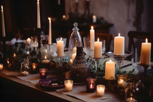 Table de mariage élégante décorée de bougies et de fleurs image générée par le réseau neuronal