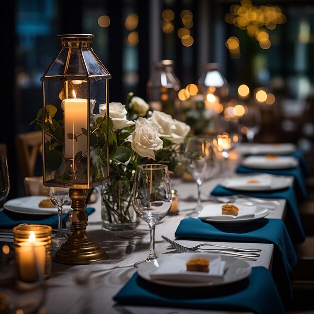 Une table de mariage élégante avec des roses blanches et des bougies.