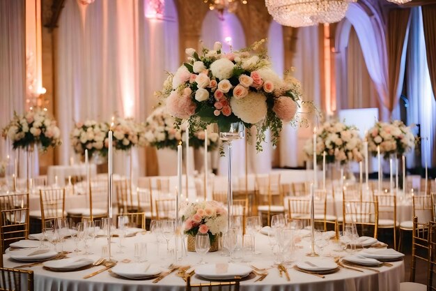 Une table de mariage avec des fleurs et un lustre avec un lustre suspendu au plafond.