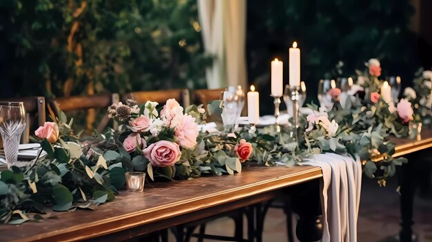 Table de mariage avec guirlandes florales d'eucalyptus et fleurs Générative ai