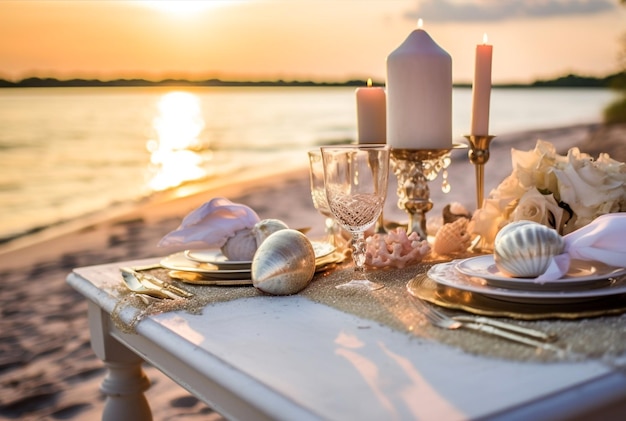 Table de mariage sur la plage de l'océan au coucher du soleil AI générative