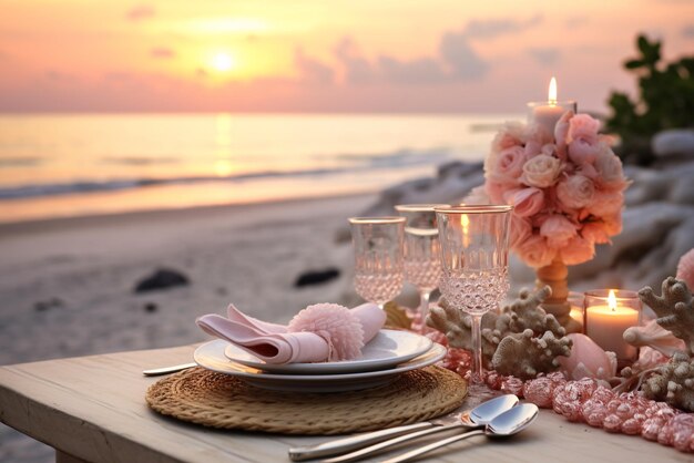 Table de mariage sur la plage de l'océan au coucher du soleil AI générative